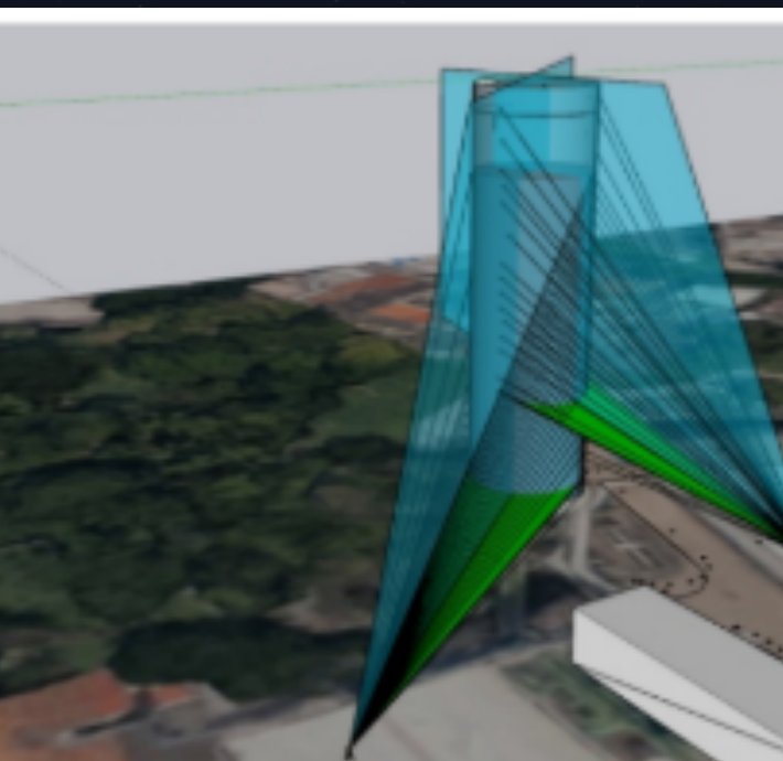Modelo 3D das visadas de medição da torre TIM sobre imagem aérea