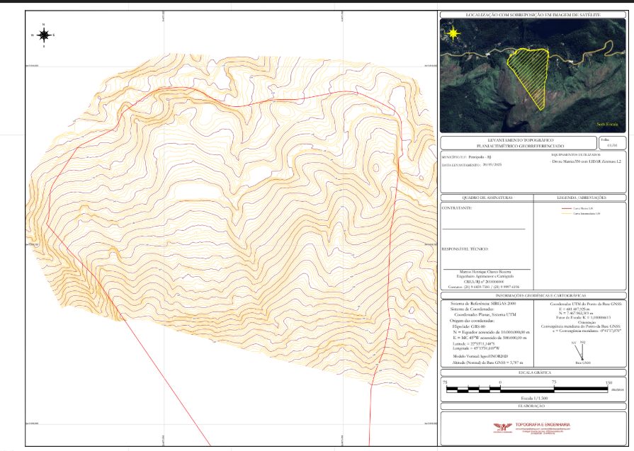 Curvas de nível geradas por LiDAR no Vale das Videiras